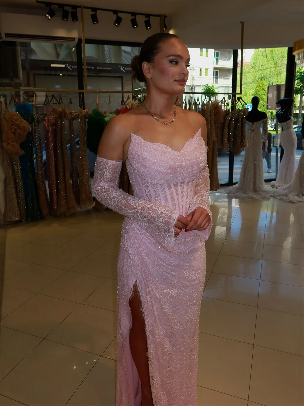 Custom Pink Lace Evening Dress Corset Mermaid Prom Dresses Strapless Vestidos De Noche High Slit Formal Evening 2026 New