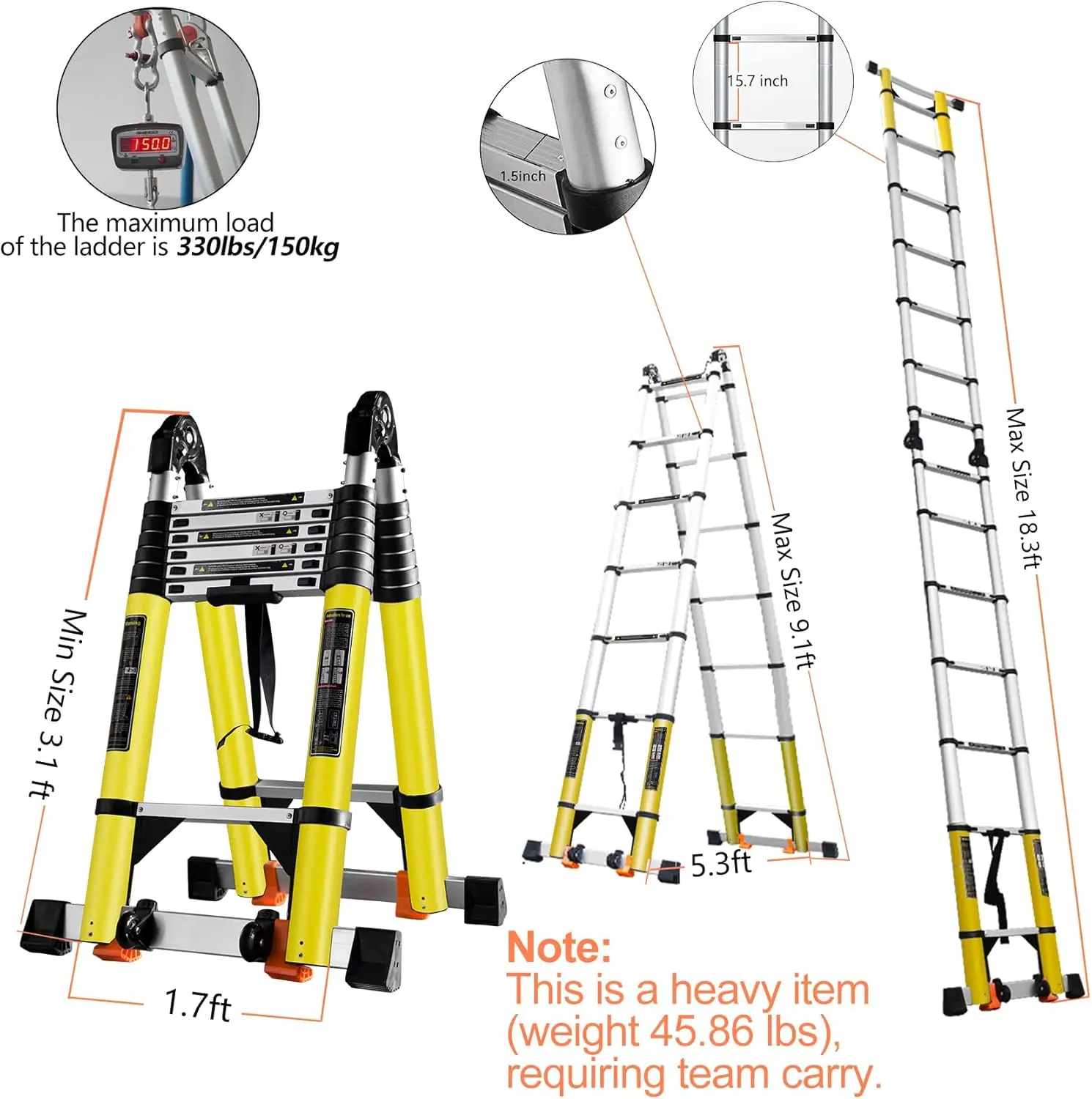 Imagem -02 - Alumínio Portátil Extensão Frame Dobrável a 39 Equilíbrio Barras Telescópica 18ft