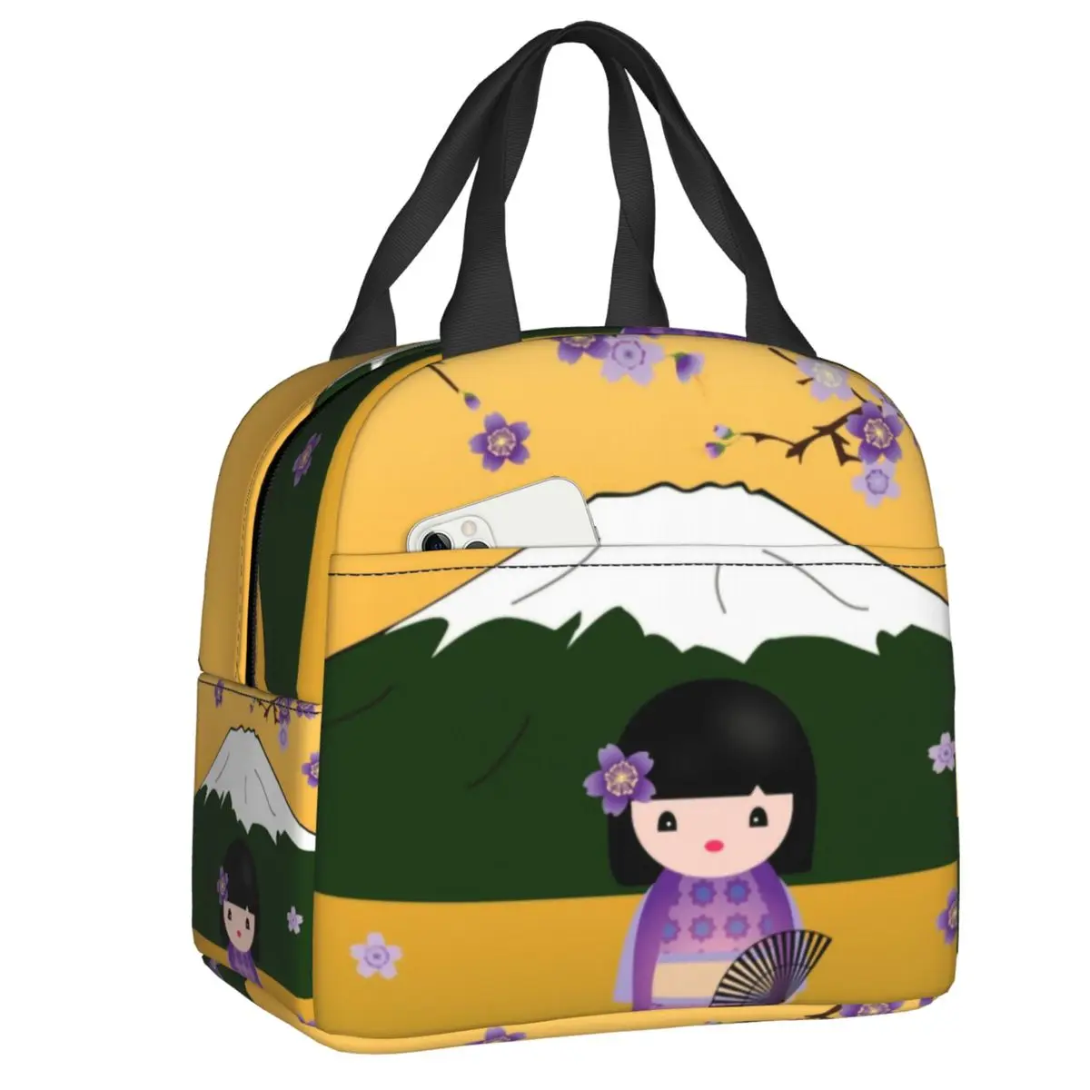 Custom Purple Spring Kokeshi Doll Scenery Lunch Bag Women Thermal Cooler Insulated Lunch Box for Kids School Children
