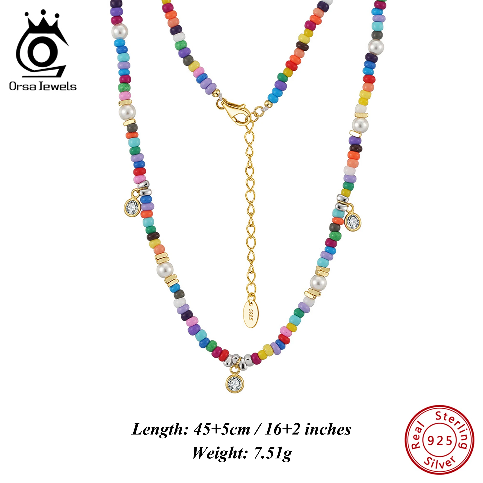 

Trendy ORSA JEWELS 925 Silver Shell Pearl Choker with Colorful Beads 3mm Adjustable Necklace for Women Jewelry Party Gift PSN06