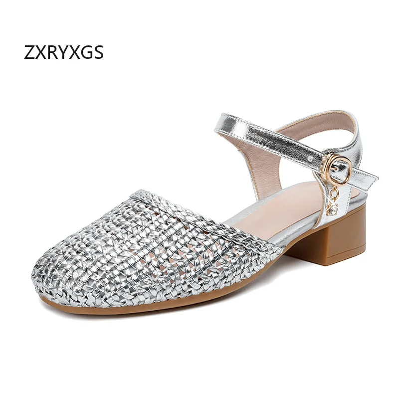 

ZXRYXGS 2026 New Fashion Round Toe Genuine Leather Hollow Shoes Women Sandals Large Size Soft Sole Summer Mid Heel Sandals Tide