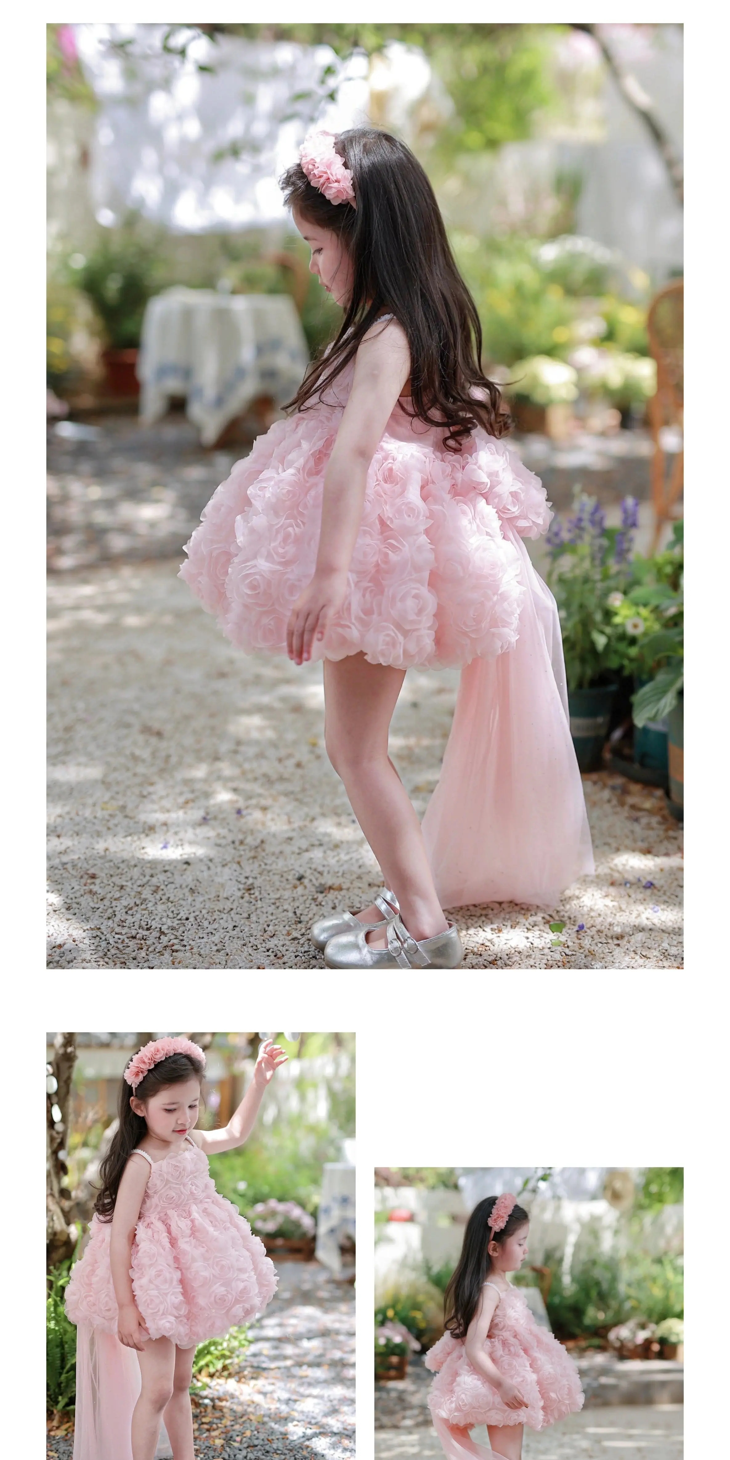 Blumenmädchenkleid mit Spaghettiträgern, flauschiges Tutu-Prinzessinnenkleid für Kinder, Geburtstagsfeier, Hochzeitsfotografie, Kostüm, Blumen-Stirnband – Detail 2
