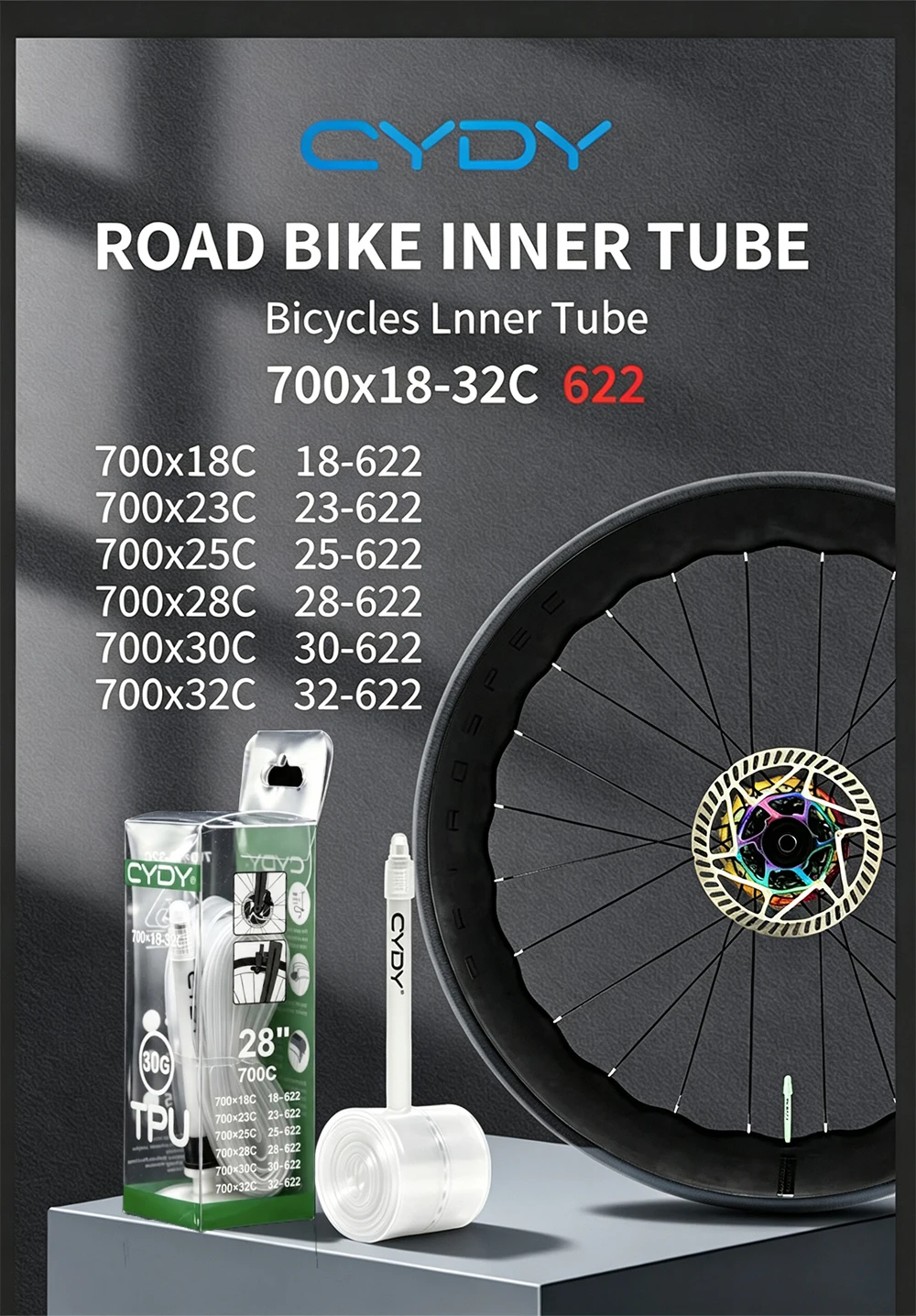 CYDY Rennrad TPU-Schlauch 700x18 23 25 26 27 28 30 32C Fahrradreifen 30G Kamera-Reifen 700C Nachtleuchtendes Ventil – Detail 1