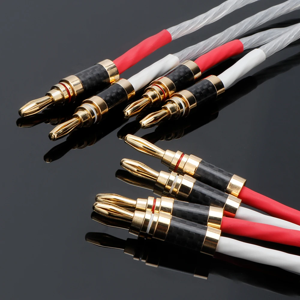 Premium 8N OCC HiFi Audio Speaker Cable - Gold Plated Banana/Spade Connectors & Silver-Plated Wiring | Dual Interconnect Wire Se