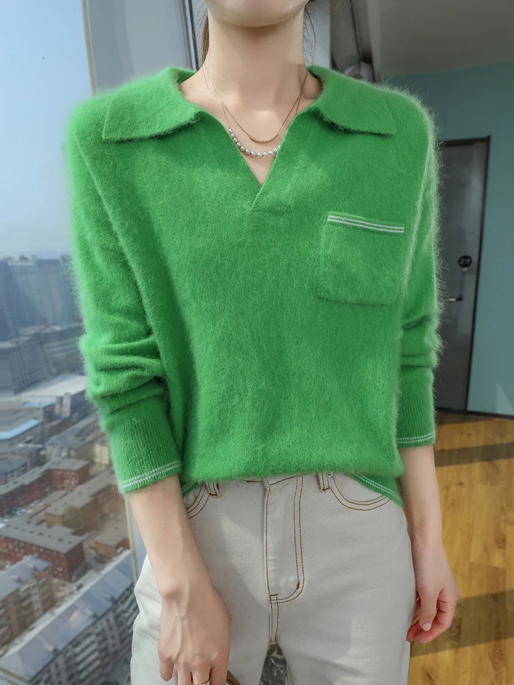 100% 밍크 캐시미어 여성 폴로 칼라 풀오버 부드러운 따뜻함 가을 겨울 캐주얼 패션 니트 롱 벨벳 스웨터