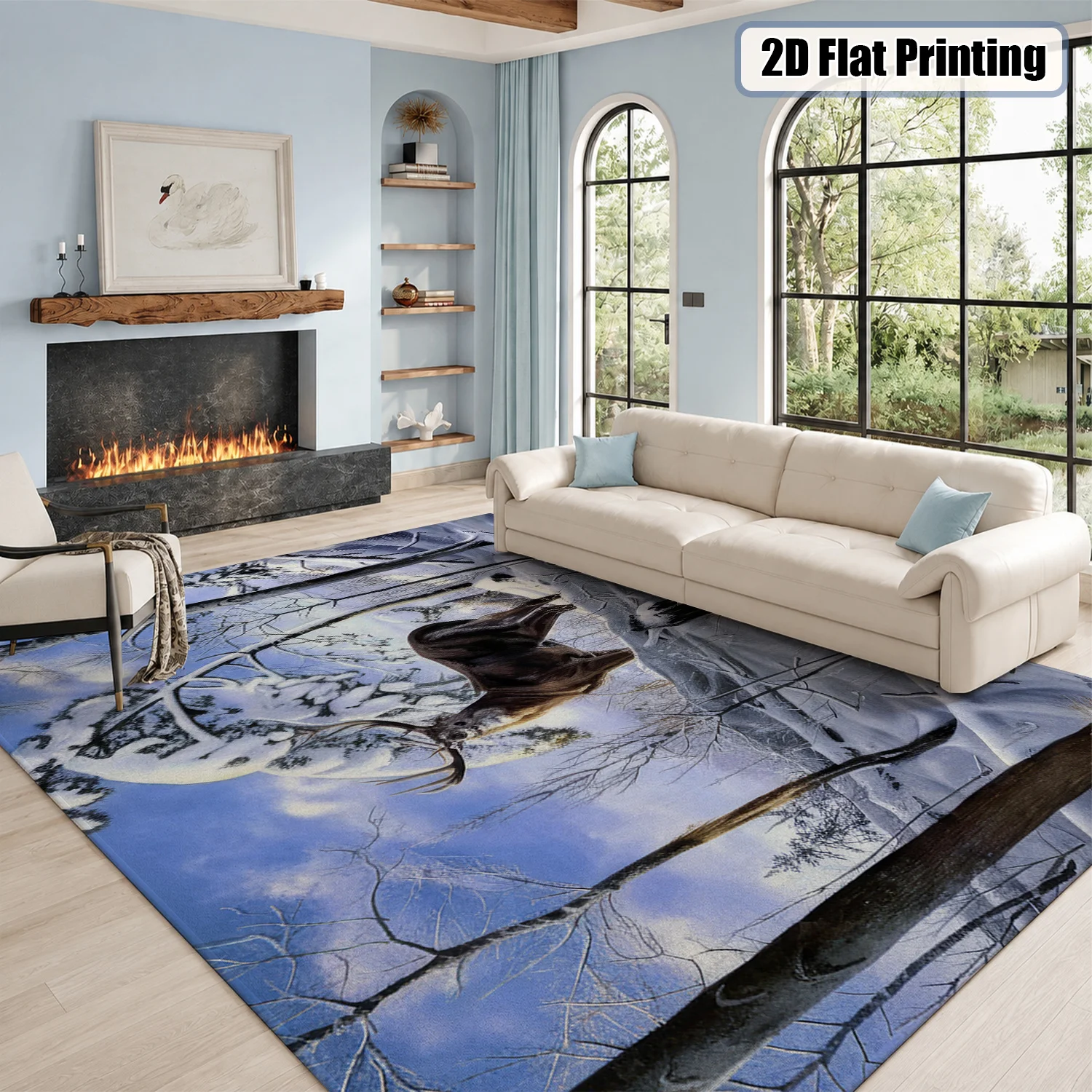 Large Indoor Area Rug, Soft Velvet Low Pile with Non-Slip Dotted Backing, Machine Washable, Winter Snow Forest Deer Wildlife Pattern, Ideal for Living Room Bedroom Home Decor - view 5