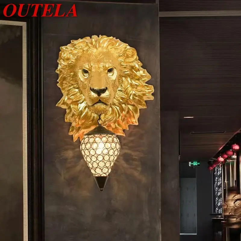 OUTELA Modern Gold Lion Wall Lamp LED Vintage Creative Resin Sconce Light for Home Living Room Background Corridor Decor