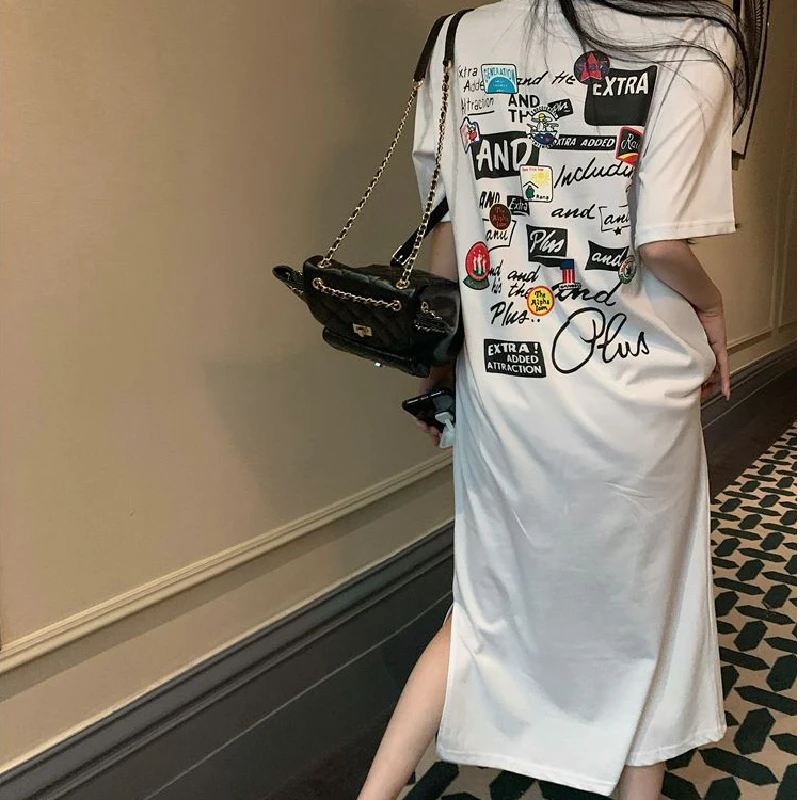 T-shirt ample ort Sve Dr coréen Sle Hong Kong Sle Design ouvert fendu vêtements d'extérieur été femmes Dr h-ape