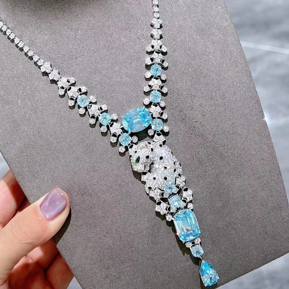 Luxury Sterling Silver Topaz Blue Necklace for Women Black Spot Panther Silver Necklace Argent 925 Necklaces Leopard Jewelry