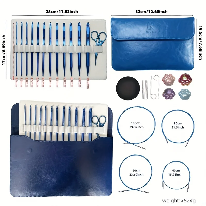 

1 Set of 26 Pieces of Knitting Tools, Crochet Hooks, Removable and Replaceable Head Crochet Hooks, Blue Alumina Tunisian Crochet