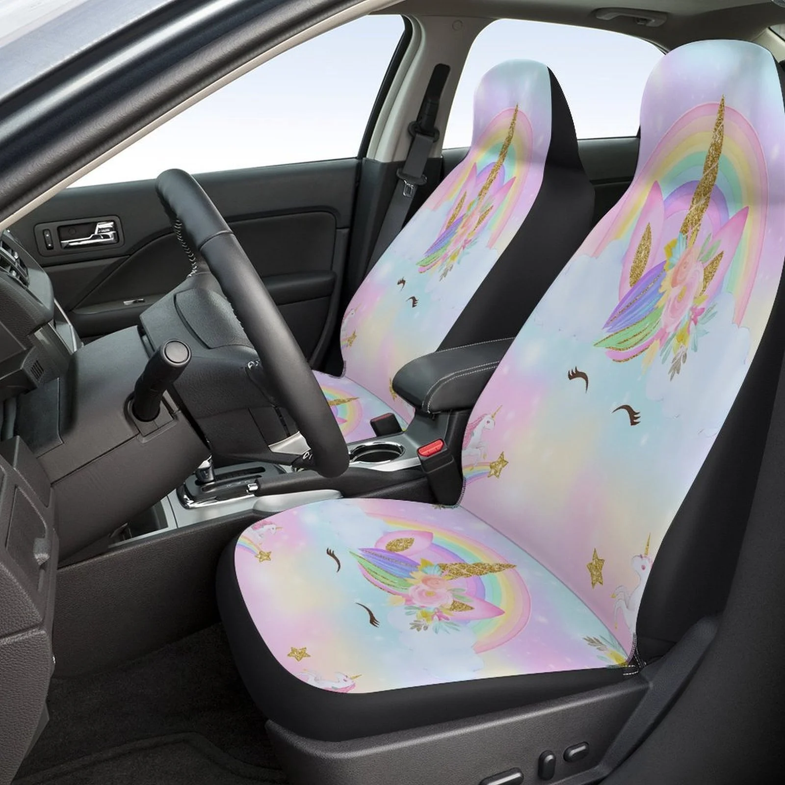 Unicorn Rainbow Fantasy Themed Car Seat Covers Set For Most Cars, Fashionable Comfortable Decorative Car Seat Protector Covers F