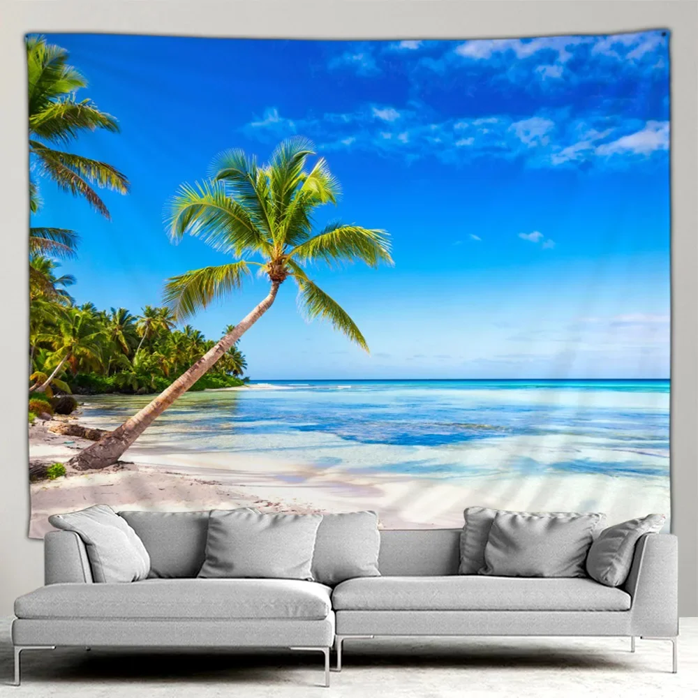 Beach Outdoor Nature Landscape Tapestry Coconut Tree Hawaii Tropical Ocean Beach Patio Wall Hanging Living Room Mural Art Decor