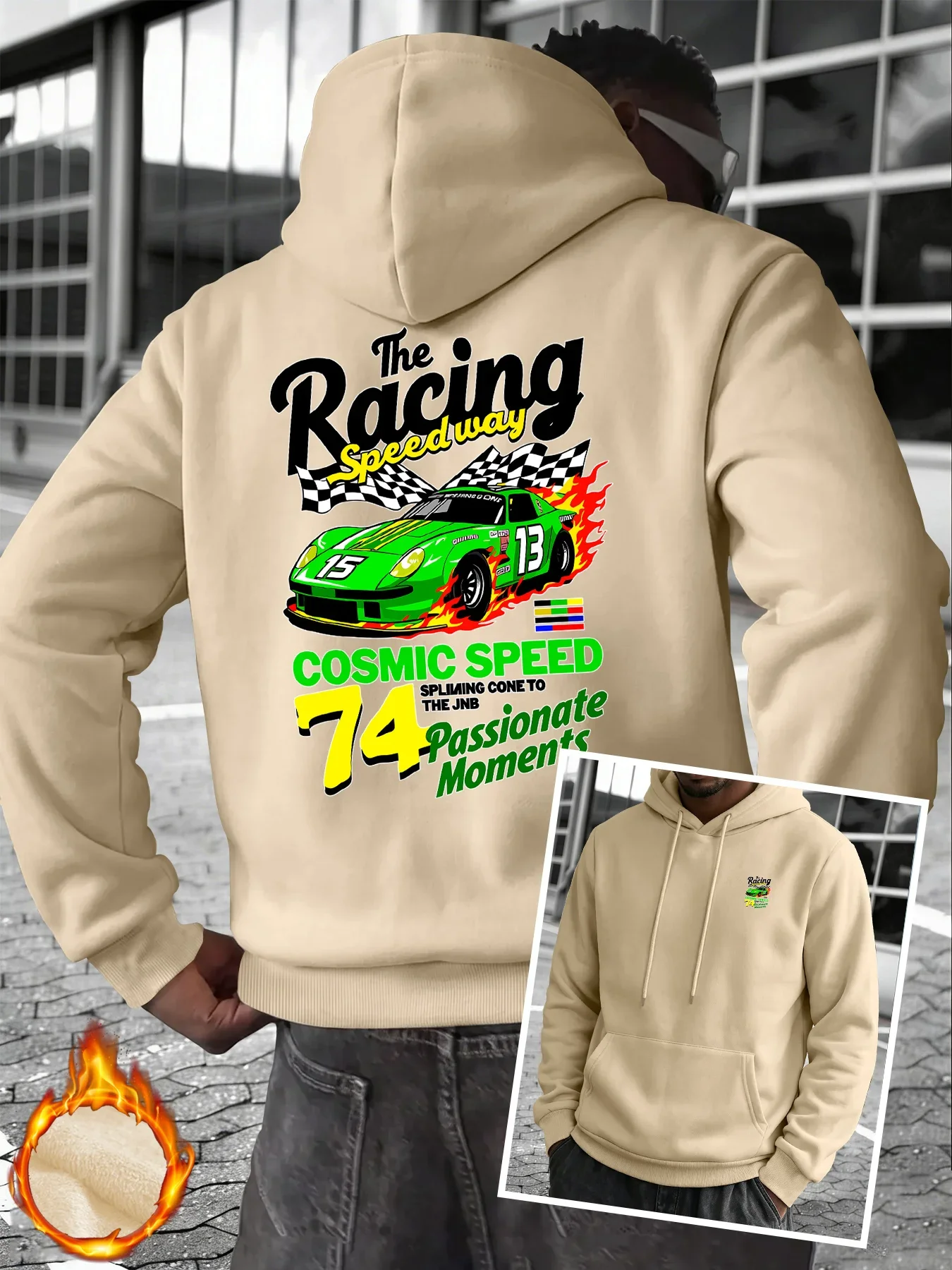 Men Women Unisex Hoodie Retro Race Car The Racing Speedway COSMIC SPEED Flag Front and Back Print Sweatshirt Casual Loose Hooded