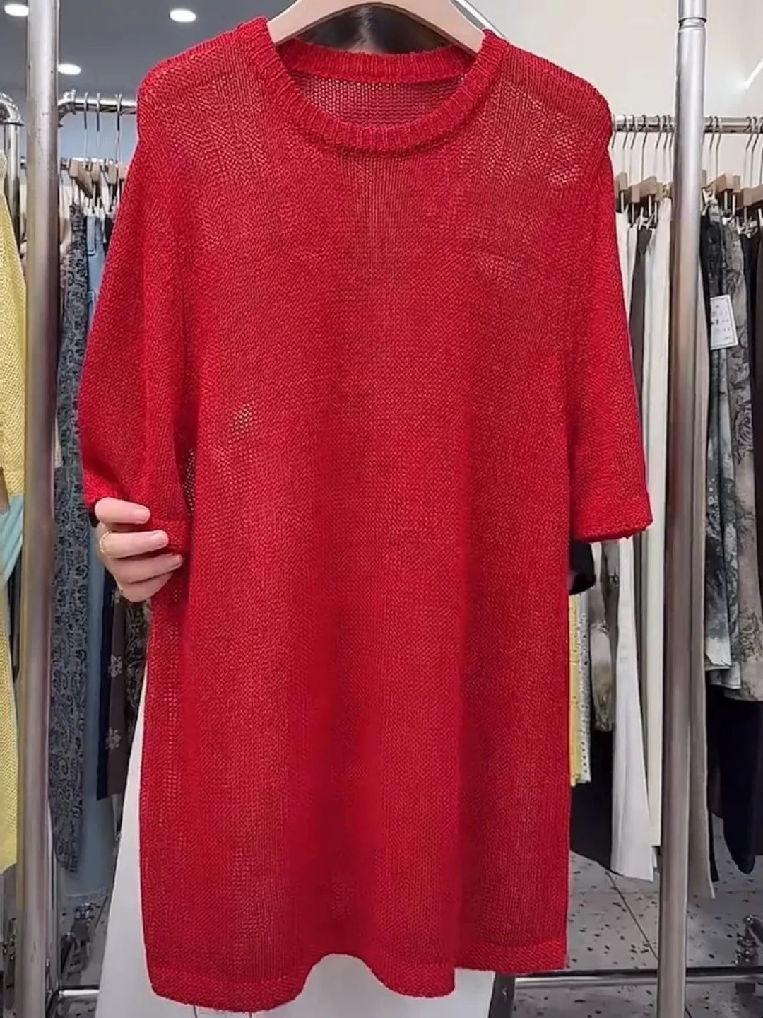 

Loose Fit Short Sleeve Knitted Sweater in Red for Summer Casual Wear Super Size Cover up Slimming Style Overhead Top