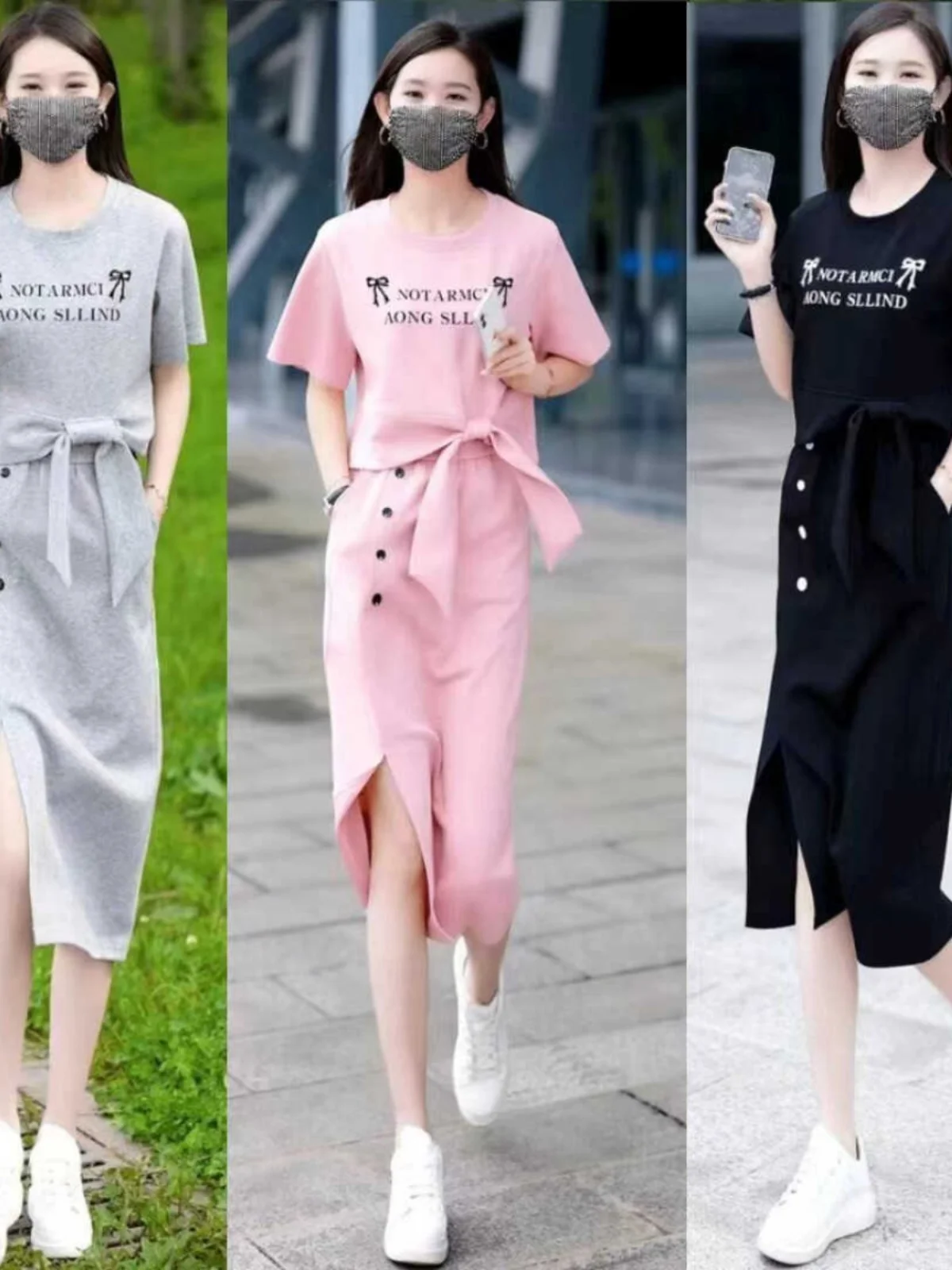 

Fashionable Knot Casual Set Monet Garden Style Half Skirt Trendy Age-Defying Two-Piece Set Dress Polyester Short Sl...