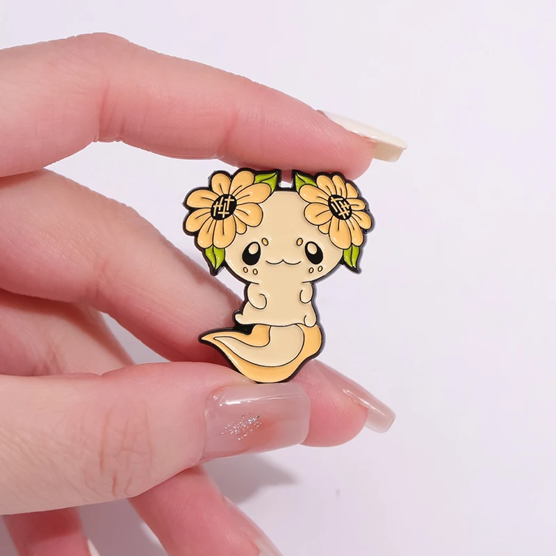 Cute Salamander Enamel Pins Custom Plant Sunflower Brooches Lapel Badges Cartoon Animal Jewelry Gift for Kids Friends