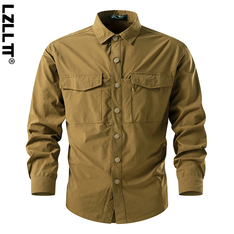 Summer Men Casual Breathable Long Sleeve Shirts Mens Military Cargo Multi-Pocket Shirt Man Outdoor Safari Work Shirt Blouses Top