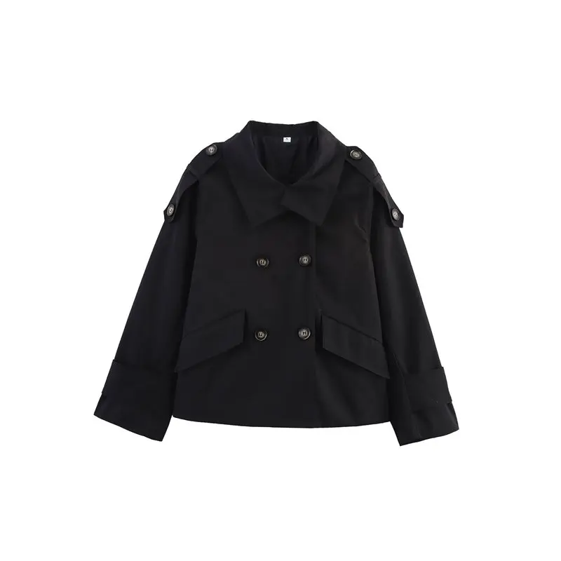 

A24F-Female Short Trench Coat Oversized Double Breasted Stand Collar Cropped Jacket Fall Casual Work Outerwear