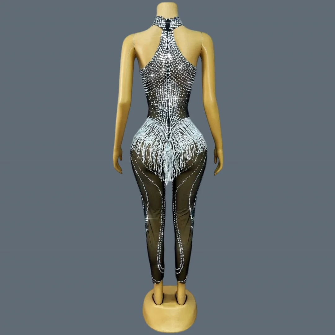 Women Backless Sparkly Rhinestone Tassel Tight Fitting Jumpsuit Club Dance Stage Performance Wear Party Sexy Outfit Heicuiku