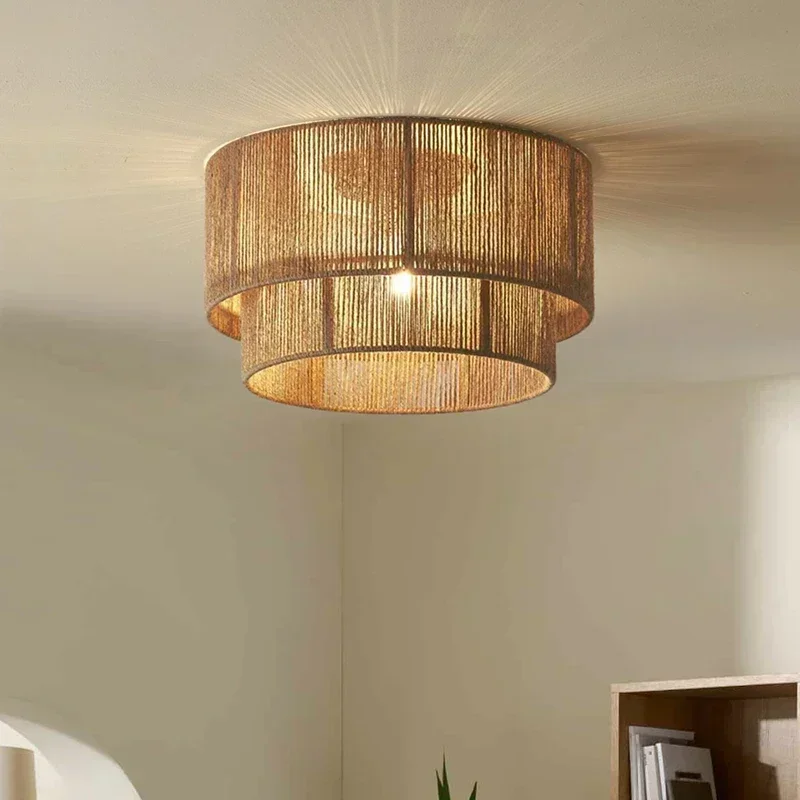 Japan Rustic Chandelier Hemp Rope Weaving Ceiling Light Living Room Bedroom Retro Ceiling Lamp for Room Decor Mood Light