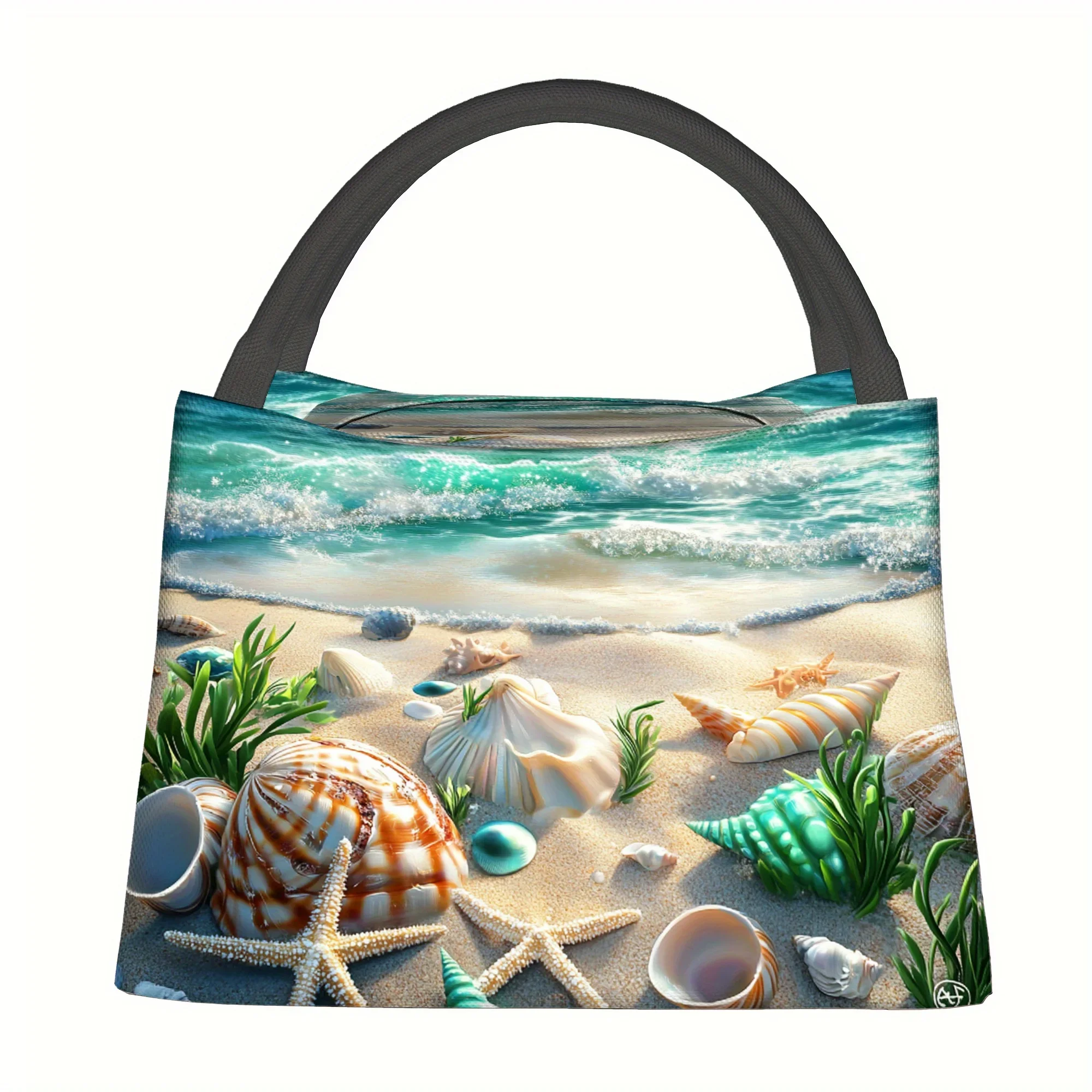 1pc Seashell Starfish Print Insulated Beach Tote Bag Non-Food Contact Reusable Thermal Bag for Hiking School Office