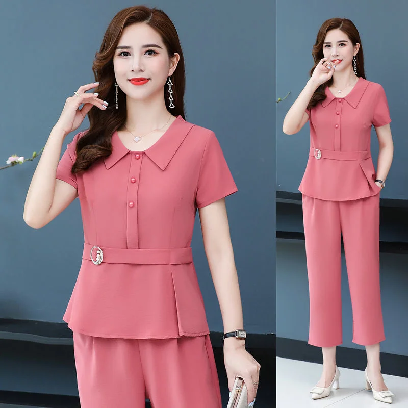 

Women's Spring Summer New Lapel Short Sleeve Tops And Pants Two Piece Sets Korean Casual Professional Office Fashion Suit Female