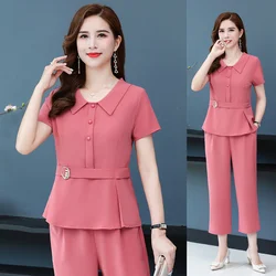 Women's Spring Summer New Lapel Short Sleeve Tops And Pants Two Piece Sets Korean Casual Professional Office Fashion Suit Female