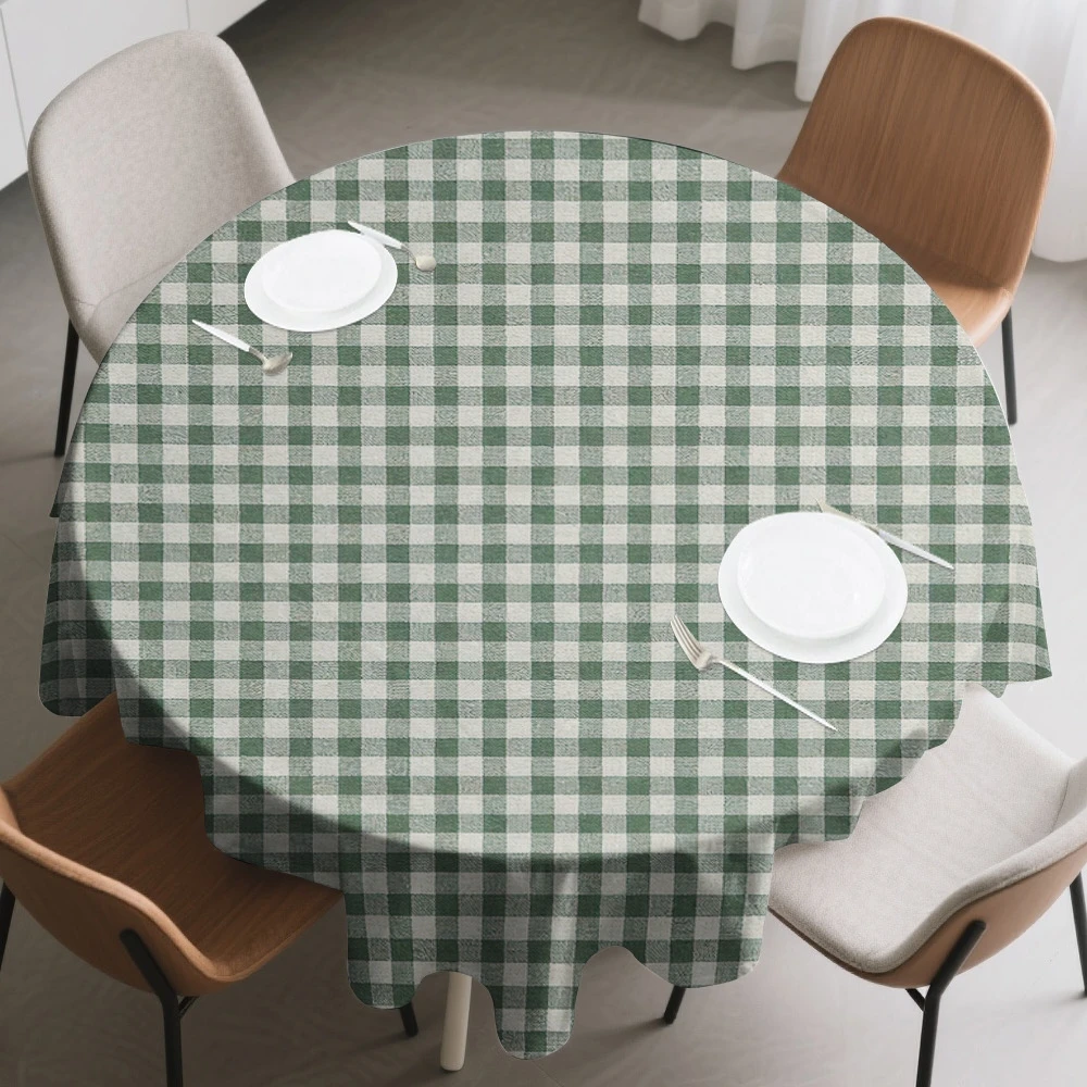 1 piece green and white plaid round tablecloth - plaid tablecloth, durable woven easy-to-clean polyester fabric