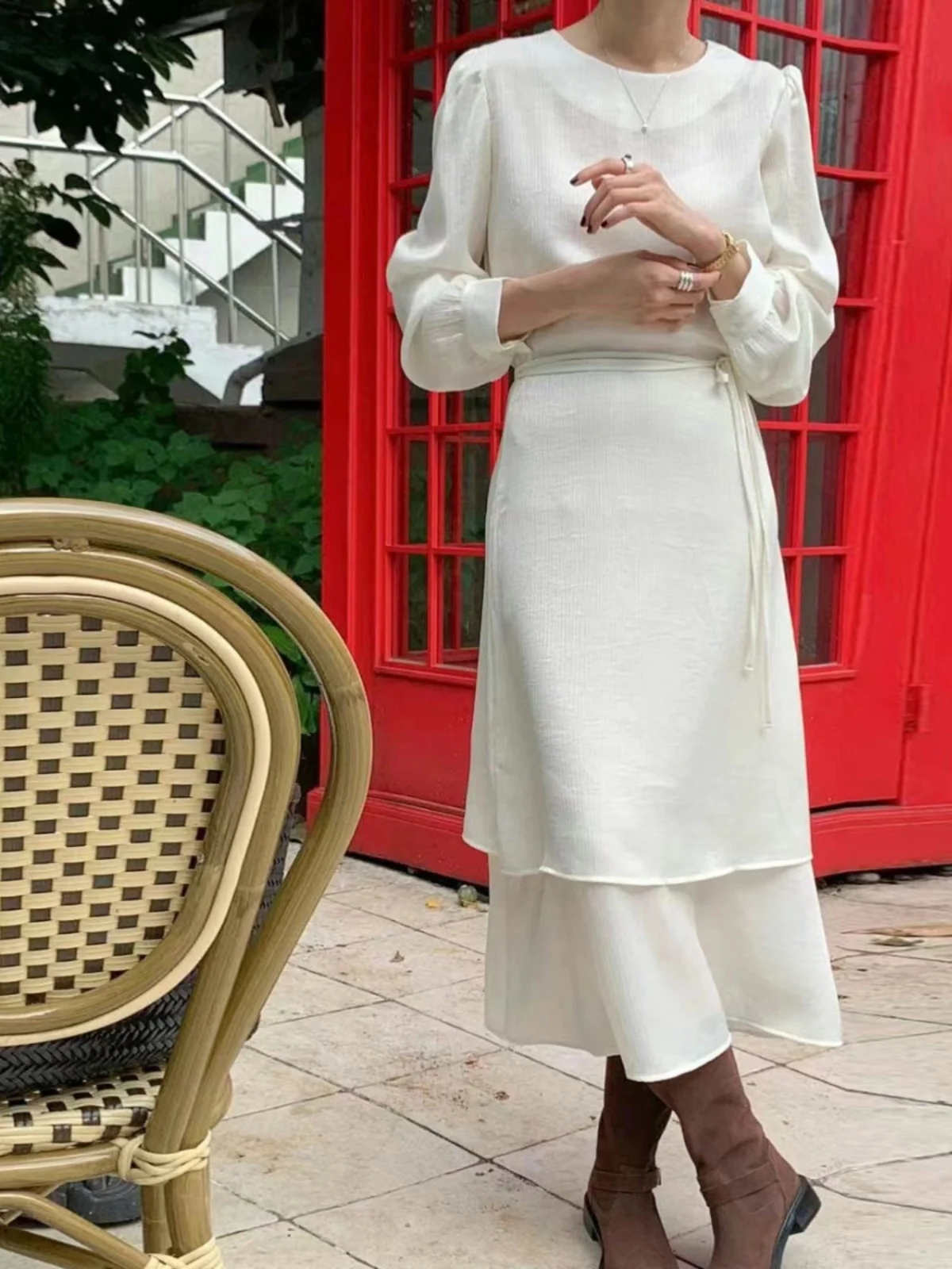 

Korean Sle Women's Dr Bow Tie Bubble Sve High Waist Long Skirt Spring Autumn Season A-Line Single Piece High Collar