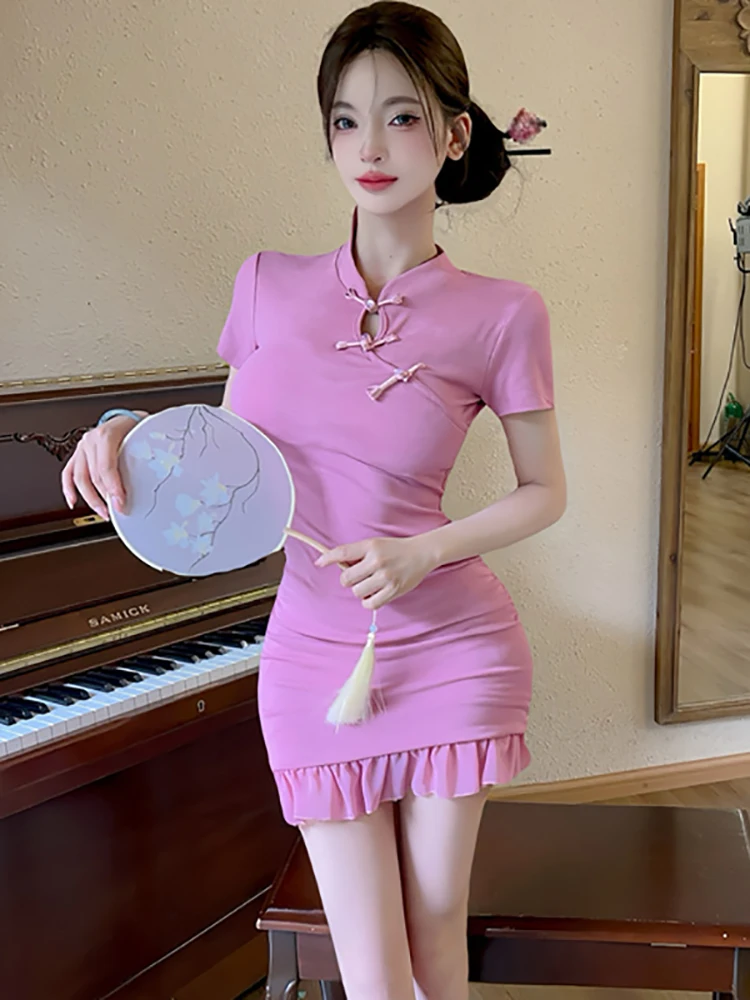 

Женское розовое вязаное лоскутное мини-платье с рюшами, летнее повседневное платье с коротким рукавом и воротником-стойкой, 2025 г., корейское элегантное облегающее платье