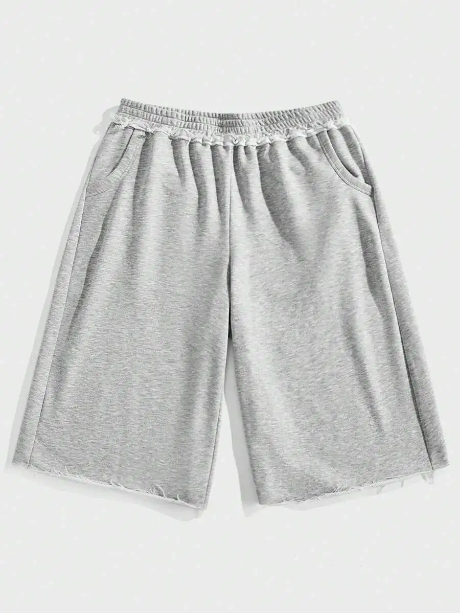 

Mens Grey Casual Loose Mid-Length Athletic Shorts With Unfinished Edges