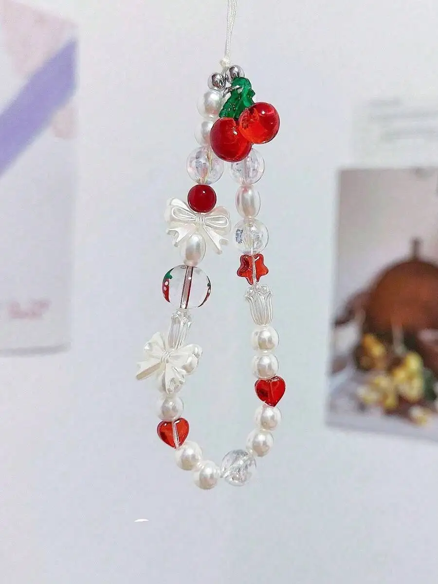 

Cherry Beaded Phone Charm Pendant For Mobile Camera Bag Keychain Gift