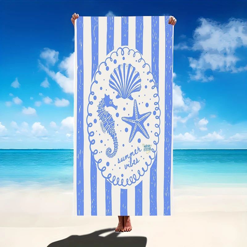 Blue and white striped shell seahorse beach towel summer beach quick drying towel