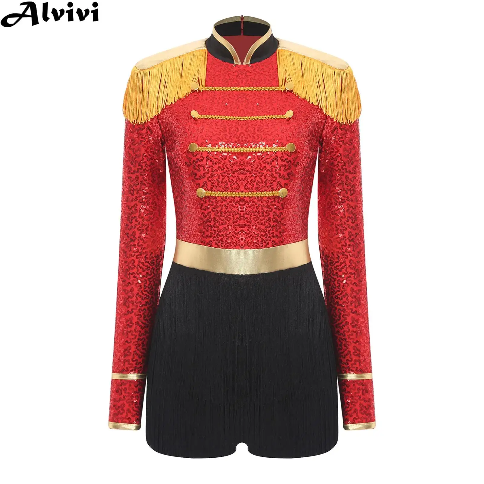 

Women Shiny Sequin Gold Trim Tassel Circus Ringmaster Bodysuit Magician Showman Cosplay Costume for Halloween Fancy Carnival