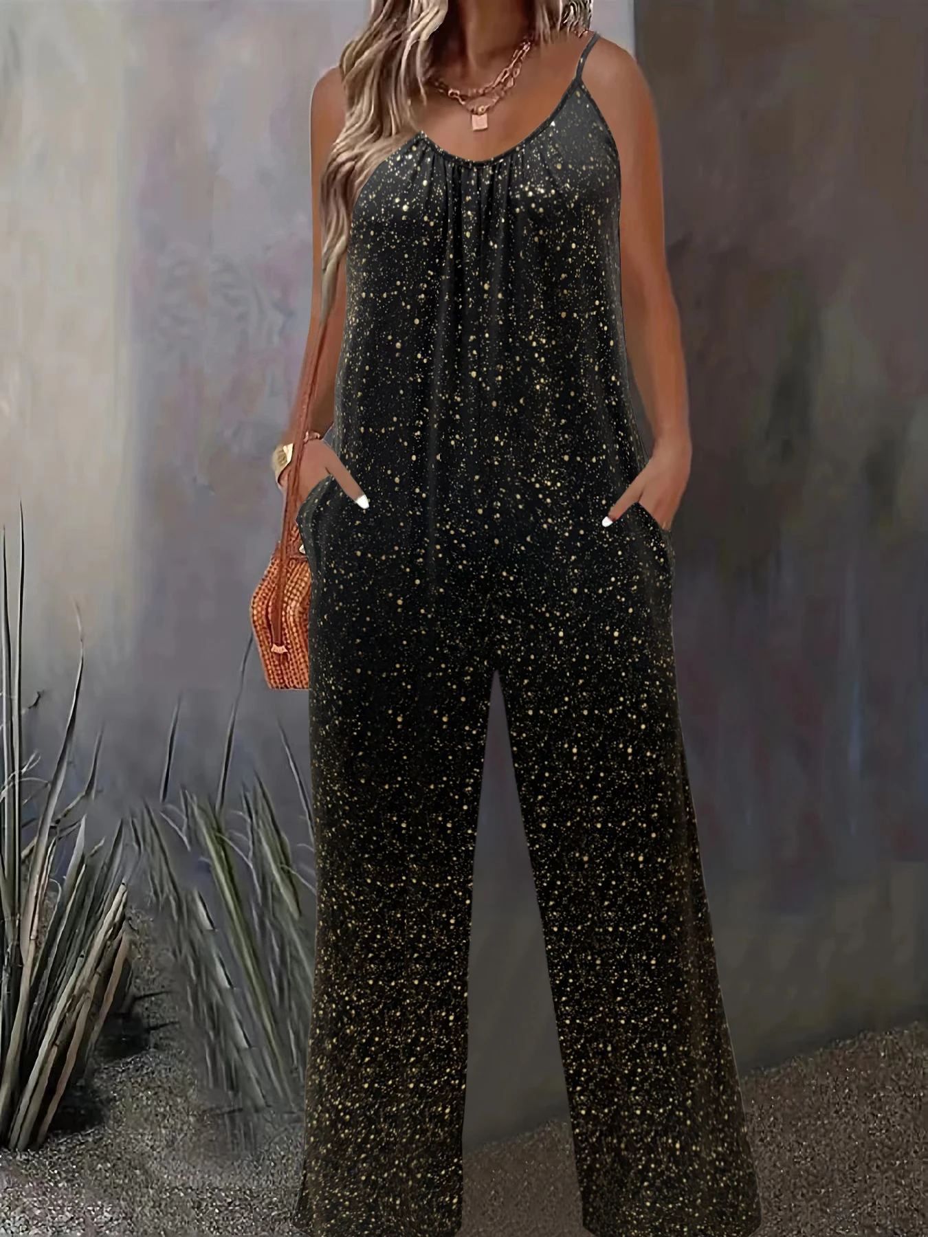 

Plus size fashion women's full body gold sequin with pockets jumpsuit