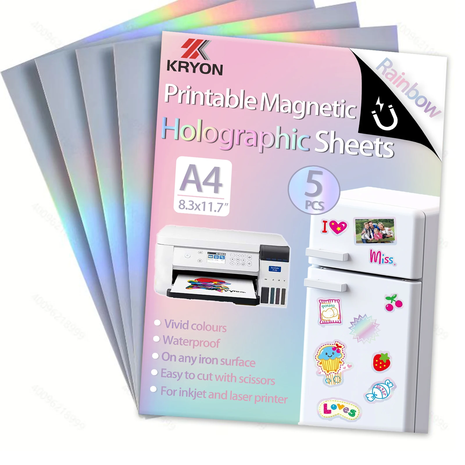 A4 8.3×11.7 Inch 5 Sheets Rainbow Printable Magnetic Holographic Sheets Holographic Vinyl Paper for Inkjet Printers