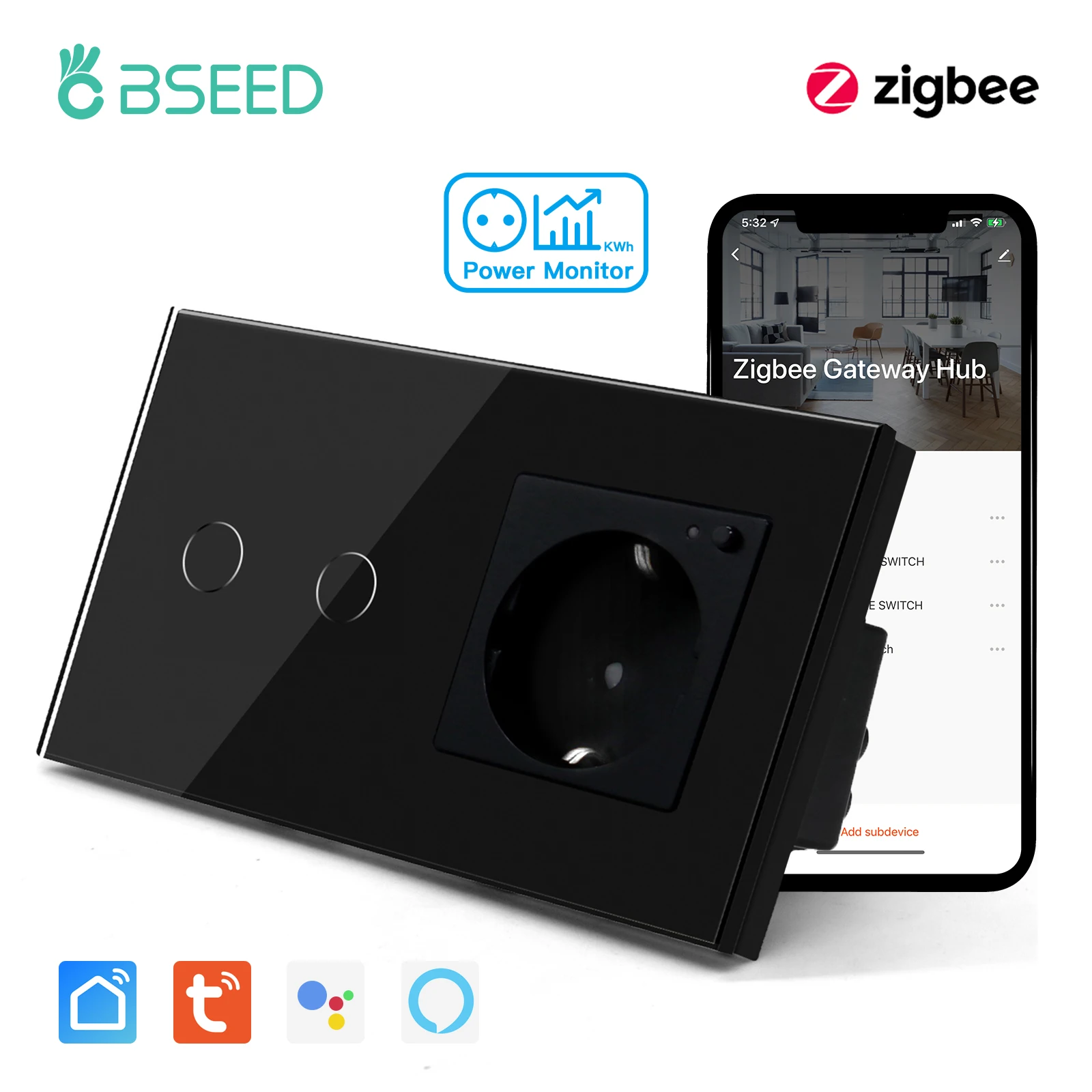 BSEED ZigBee Wand Schalter EU Standard ZigBee Steckdosen Glas 1/2/3 Gang Smart Touch Licht Schalter Tuya App Power Monitor Steckdosen