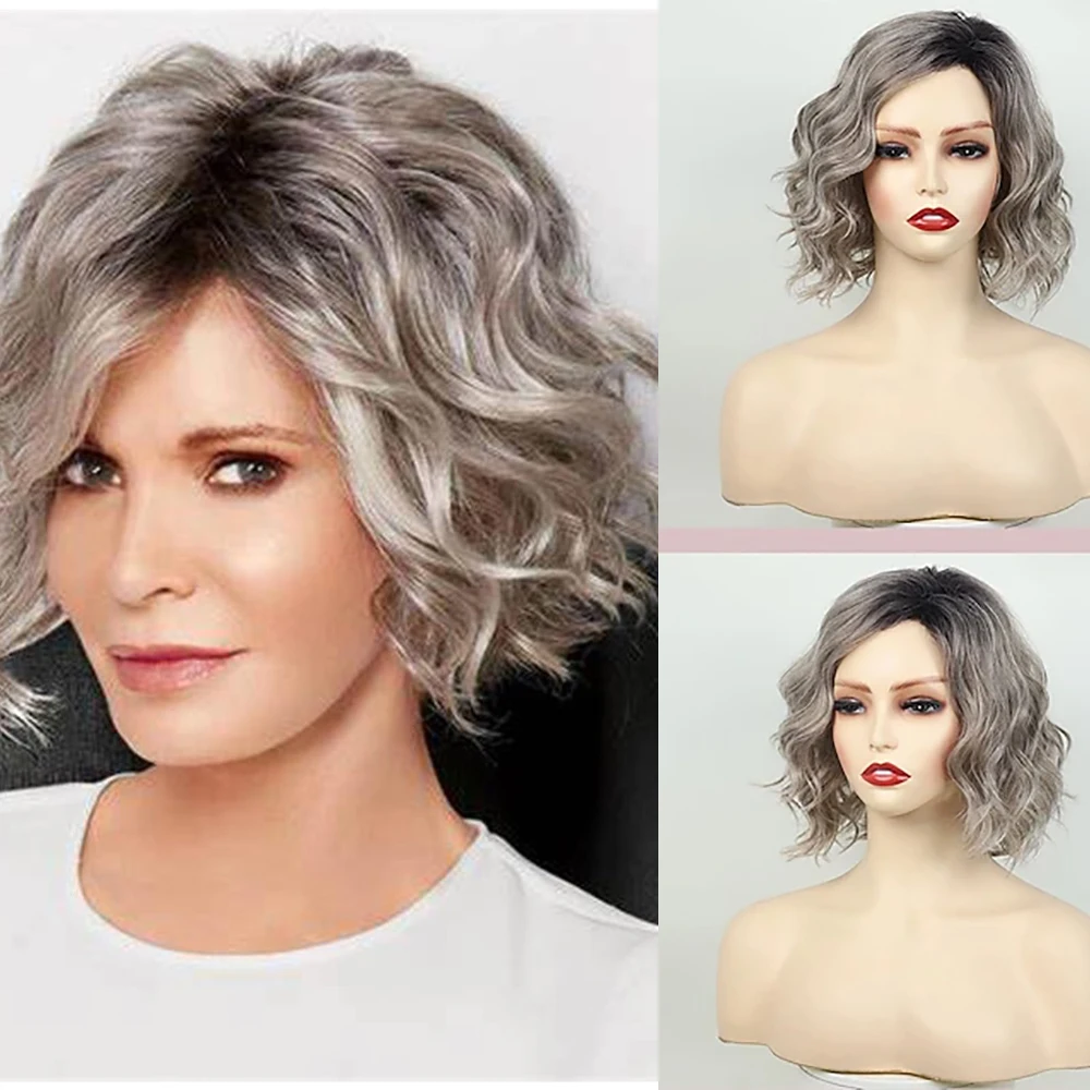

HAIRJOY Synthetic Hair Short Wavy Wig Ombre Grey Curly Bob Wigs for Women Gray Layered Wavy Bob Wig for Daily Cosplay