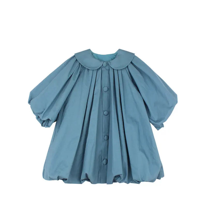 Summer Casual Baby and Girls Cotton Loose Plain Blue Puff Sleeves Single-Breasted Bud Dress Kids Lovely Outfits Clothing 2-8Yrs