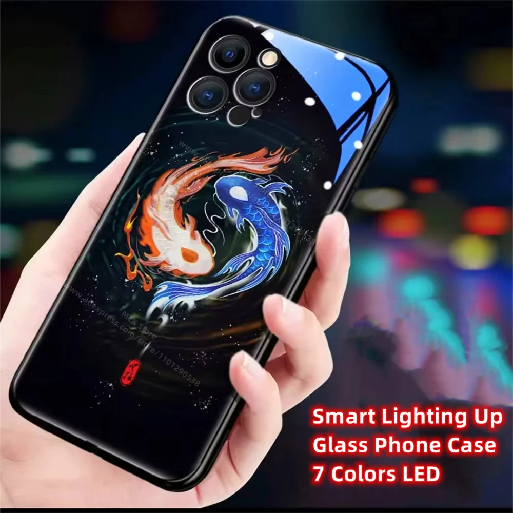 Tai Chi Koi Carp Pattern Led Light Phone Case Call Flash Glitter Cover For iPhone 16 15 14 13 12 11 Pro Max X XS XR Plus SE2020