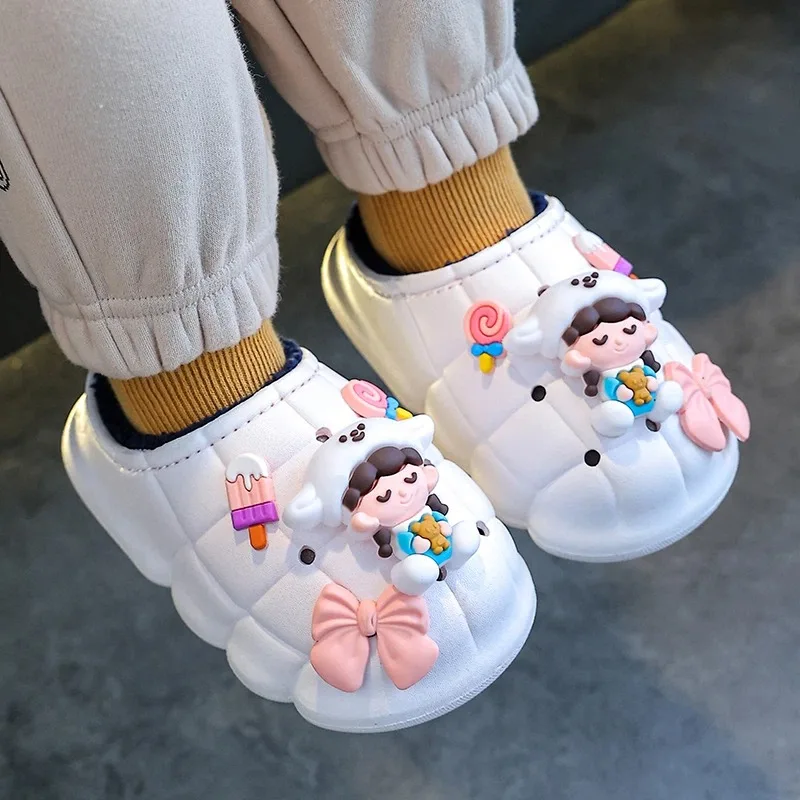 Blaue Babi Winter Fell verstopft Kinder Hausschuhe für Mädchen Indoor Outdoor Panto letten Schuhe Kinder wasserdichte Loafer Slipper Flip Flops