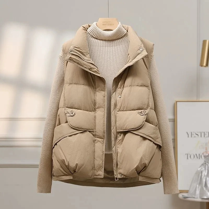 

Женский короткий жилет, куртка 2022, осень-зима, новый пуховый хлопковый жилет с толстым воротником-стойкой, женский однотонный повседневный топ без рукавов