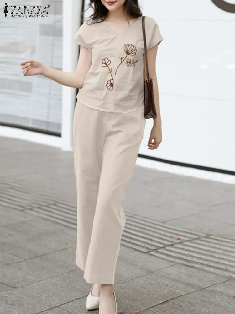 

Комплект брюк ZANZEA Женский Повседневный, элегантный свободный комплект из 2 предметов, топ с вышивкой и штаны, лето 2024