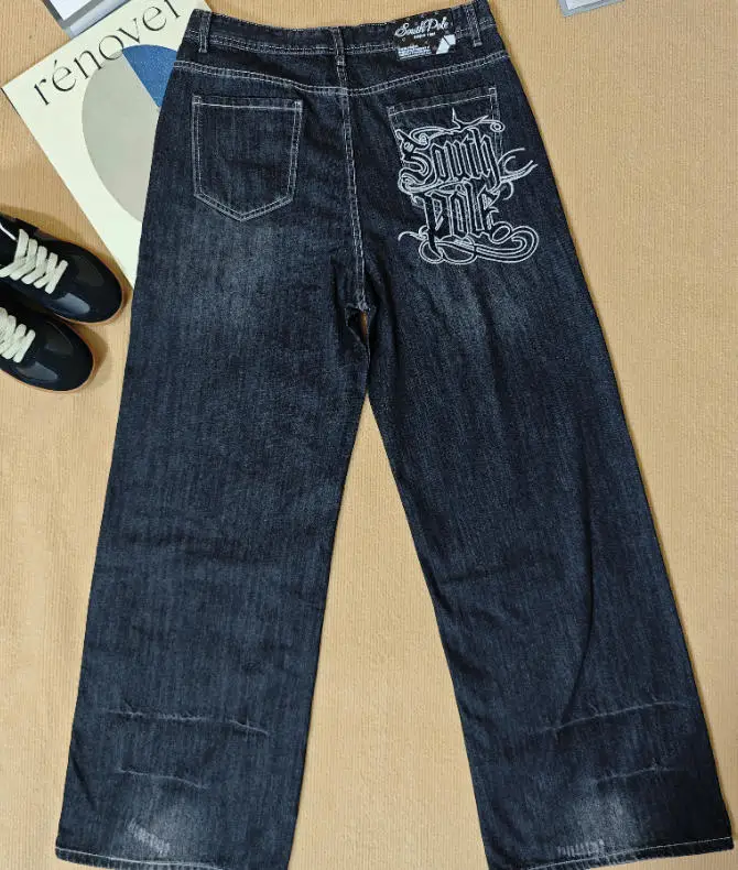 Y2K الأمريكية نمط جديد التطريز الرجال فضفاض الجينز شارع العليا خمر الهيب هوب موضة عادية جوكر زوجين بنطال ذو قصة أرجل واسعة #1