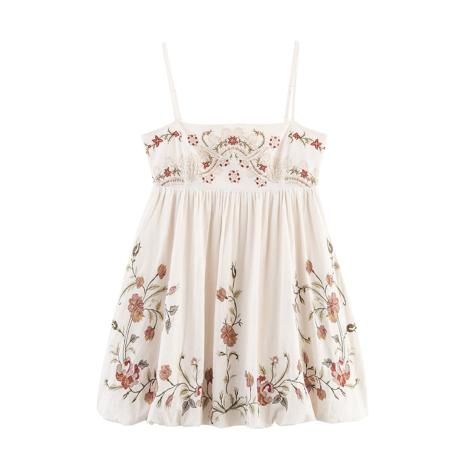 Elegantes, schickes, mit Blumen besticktes kurzes Kleid für Damen, Ballonsaum, Spaghettiträger, Mini-Casual-Outfit-Kleider 5107076