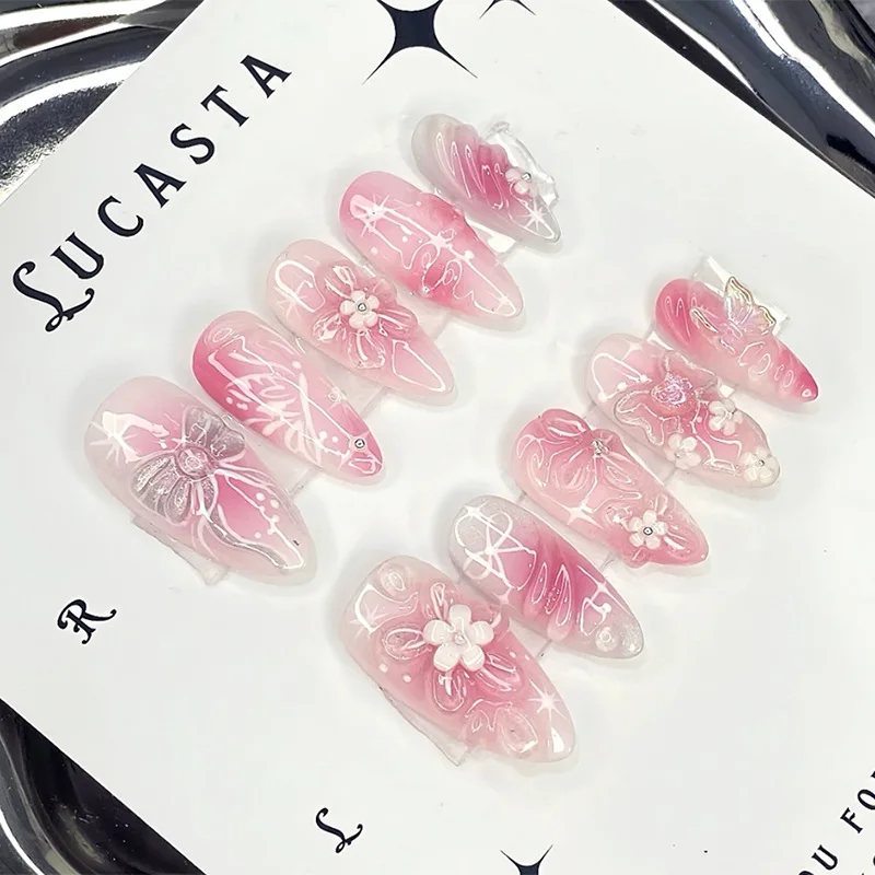 

24PCS Sweet Pink Blush Wearable Press on Nail 3D Flowers Butterfly Decorations Fake Nail for Loving Girls Almond False Nail Tips