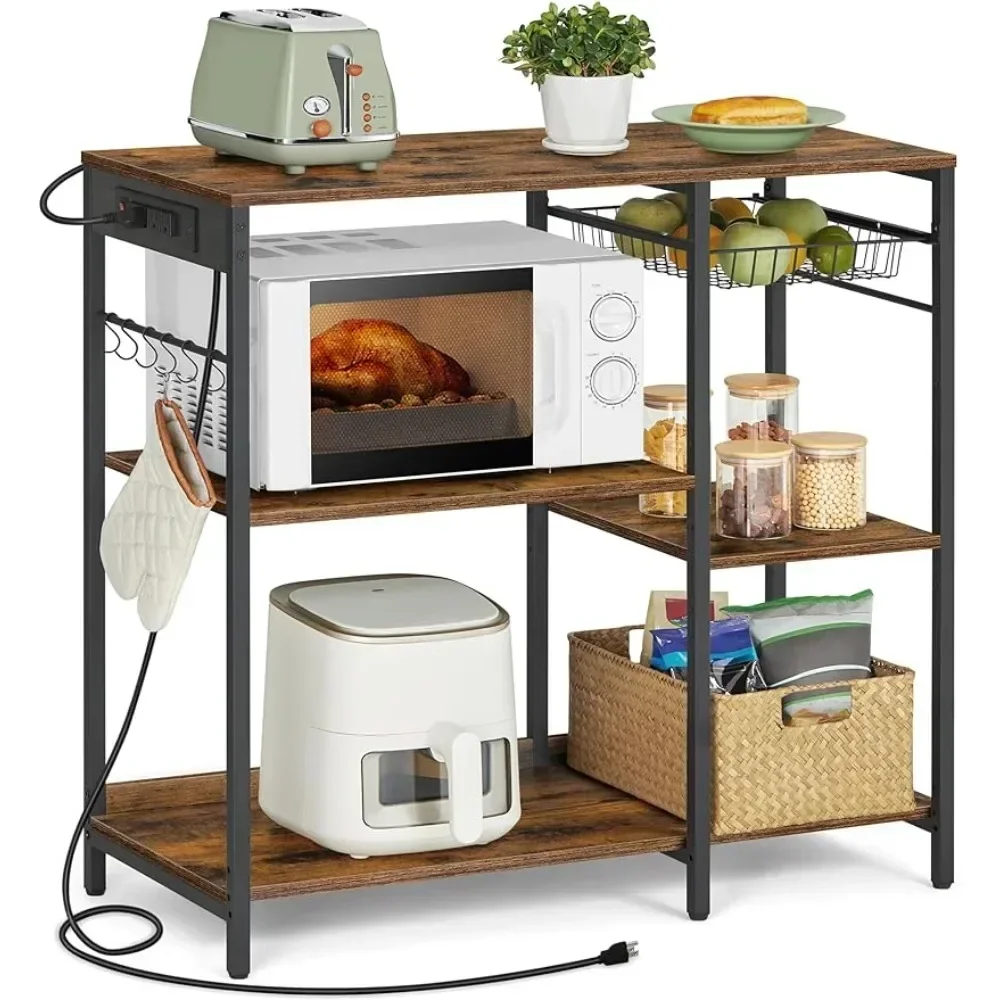 Kitchen Island Counter With Charging Station, Storage Rack, And Pull-out Metal Wire Basket, With Microwave Table,for Kitchen Use