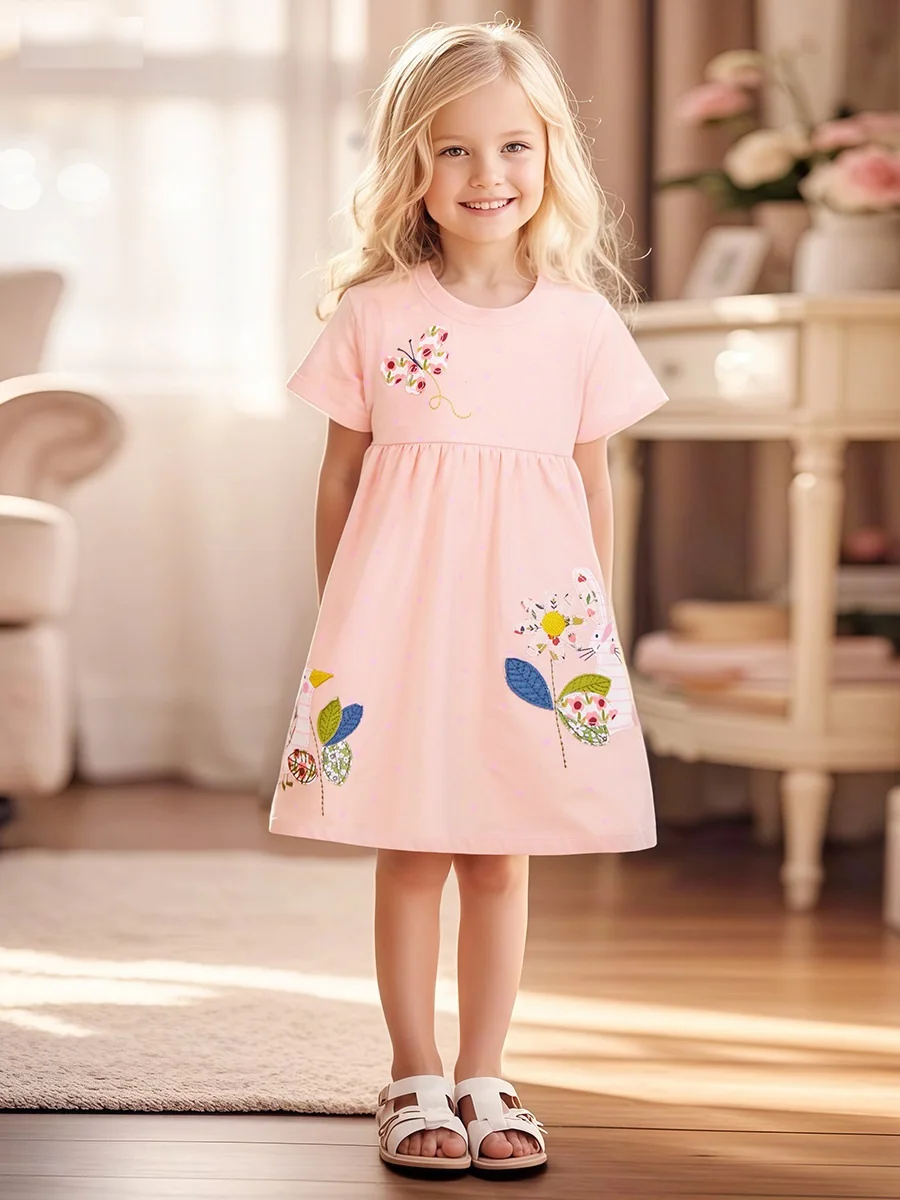 

Summer Baby Girls 100% Cotton Appliques Embroidery Short Sleeve Dress Kid Cute Princess Sundress Children Outfit Skirt 2-7 Yr