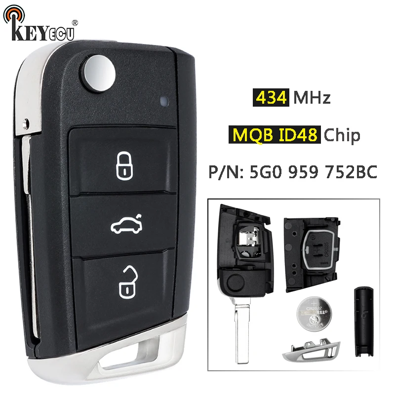 

KEYECU 434 МГц MQB ID48 чип 5G6 959 752BC 5G6959752BC флип-брелок с дистанционным управлением без ключа для Volkswagen VW