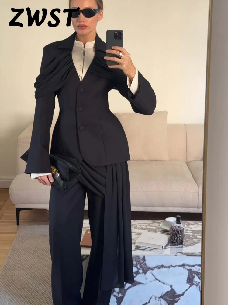 

Elegant Pleated Irregular Blazer Pants Suit V-Neck Waist-Closed Jacket Wide Leg Pants Lady 2025 Spring Chic Ribbon Suit Lady